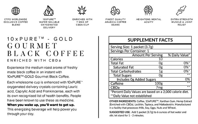 CTFO 10xPURE GOLD Gourmet Black Coffee enriched with CBDa  Label