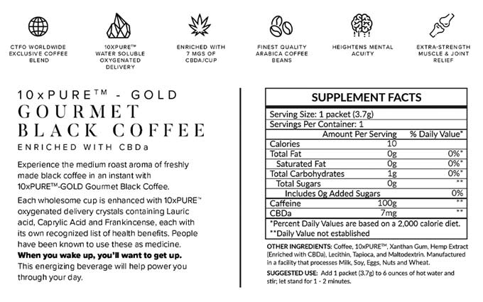 CTFO 10xPURE GOLD Gourmet Black Coffee enriched with CBDa  Label