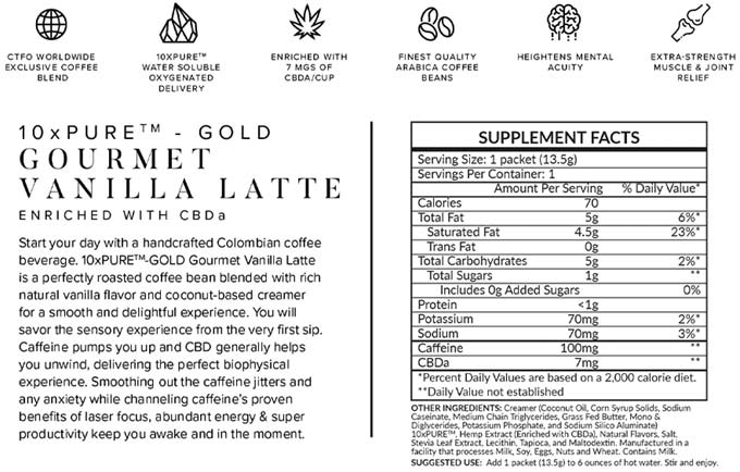 CTFO 10xPURE GOLD Gourmet Vanilla Latte enriched with CBDa Label